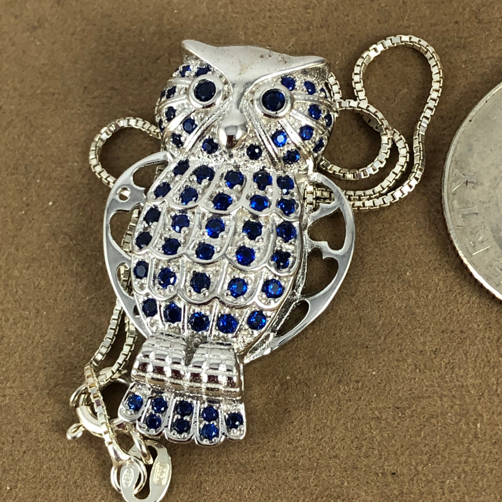 Owl 925 Silver Blue Sapphires Pendant 16 necklace - Picture 4 of 4